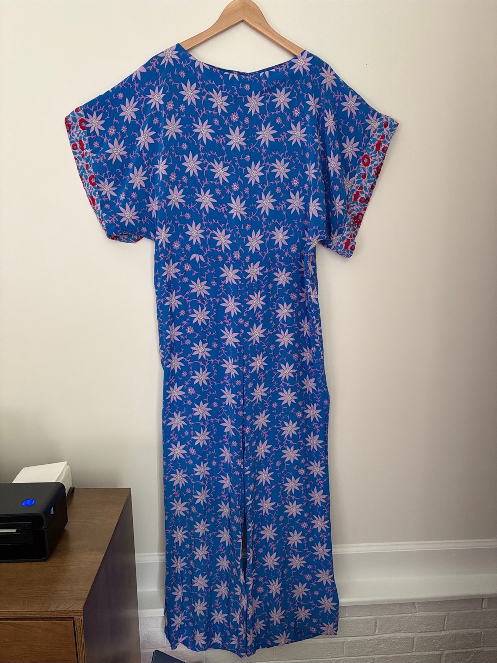 Warm 100% Silk Floral Kimono Jumpsuit Boho Blue Pink Date Night Resort Size S